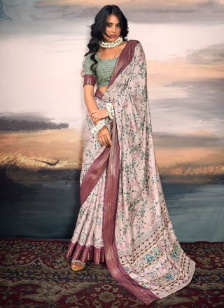 Off White and Pink Cotton Silk Designer Saree