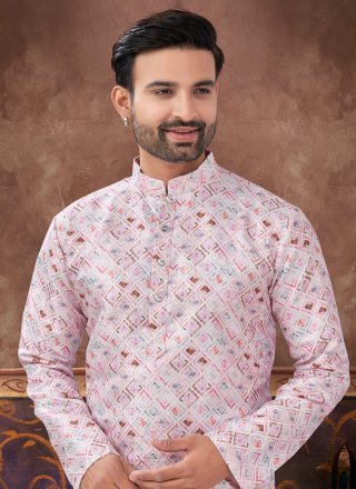 Off White and Pink Jacquard Kurta Pyjama with Digital Print Work
