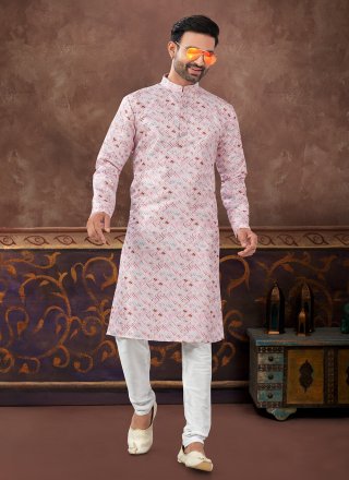 Off White and Pink Jacquard Kurta Pyjama with Digital Print Work