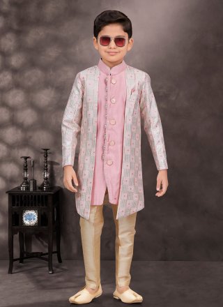 Off White and Pink Silk Sherwani Kids Wear with Digital Print, Stone and Thread Work for Kid
