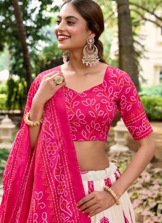 Off White and Pink Tussar Silk Lehenga Choli with Bandhej and Print Work