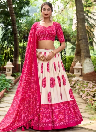Off White and Pink Tussar Silk Lehenga Choli with Bandhej and Print Work