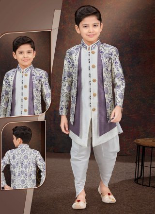 Off White and Purple Banarasi Silk Sherwani Kids Wear