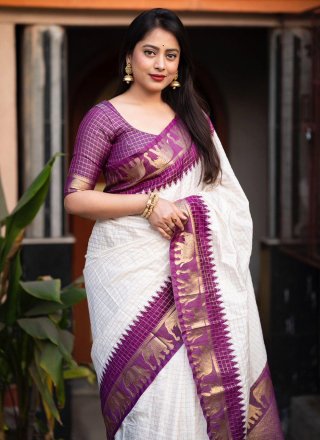 Off White and Purple Silk Traditional Saree