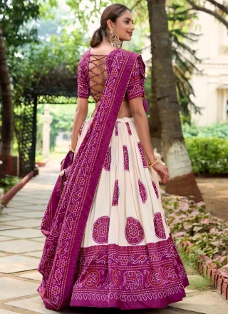 Off White and Purple Tussar Silk Lehenga Choli