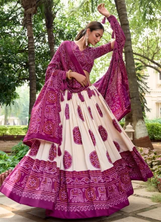 Off White and Purple Tussar Silk Lehenga Choli