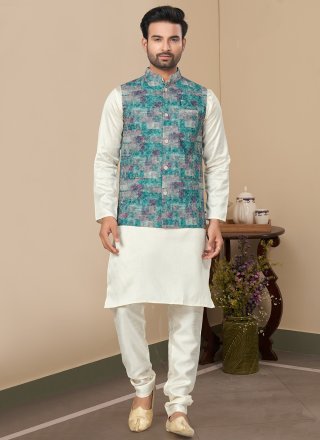 Off White and Rama Cotton Kurta Payjama with Jacket with Digital Print and Thread Work for Men