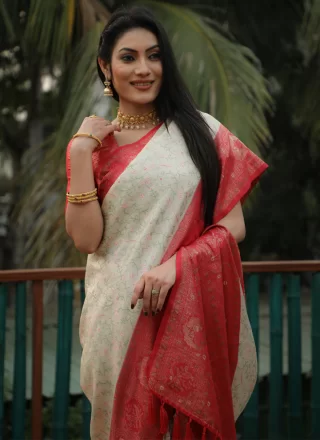 Off White and Red Kanjivaram Silk Contemporary Sari