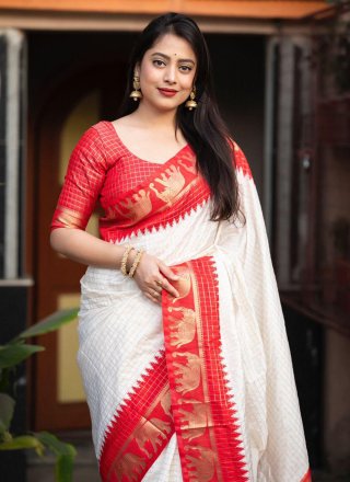 Off White and Red Silk Traditional Saree with Woven and Zari Work