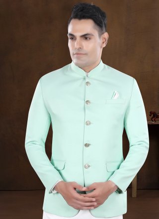 Off White and Sea Green Silk Plain Work Kurta Payjama with Jacket for Festival
