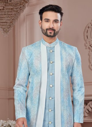 Off White and Teal Banarasi Silk Buttons and Machine Embroidery Work Sherwani Mens Wear for Ceremonial