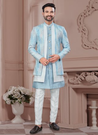 Off White and Teal Banarasi Silk Buttons and Machine Embroidery Work Sherwani Mens Wear for Ceremonial