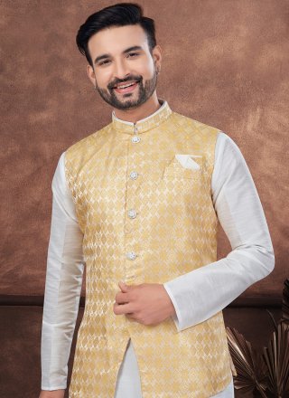 Off White and Yellow Buttons Work Banarasi Jacquard Kurta Payjama with Jacket