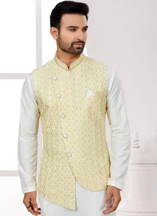 Off White and Yellow Jacquard Kurta Payjama with Jacket with Thread Work for Ceremonial