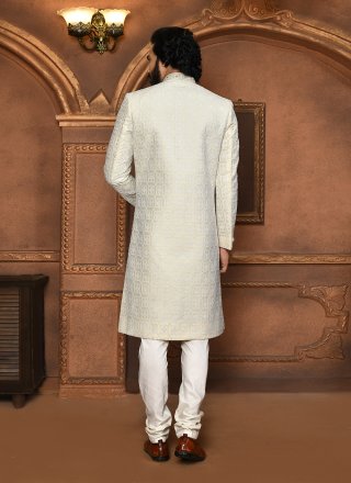Off White Art Silk Embroidered, Hand and Resham Work Sherwani Mens Wear