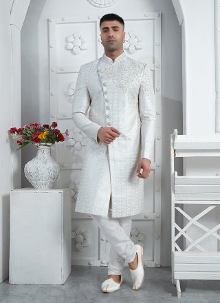 Off White Art Silk Embroidered, Hand and Thread Work Sherwani Mens Wear for Ceremonial