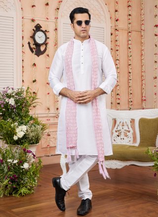 Off White Art Silk Kurta Pyjama