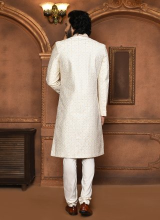 Off White Art Silk Sherwani Mens Wear with Embroidered, Hand and Resham Work for Men