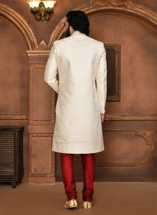 Off White Art Silk Sherwani Mens Wear with Embroidered, Hand and Resham Work for Men