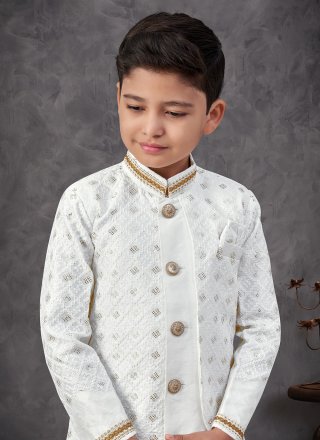 Off White Banarasi Silk Buttons and Thread Work Indo Western Sherwani for Kid