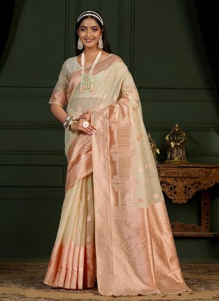 Off White Banarasi Silk Weaving Work Contemporary Sari