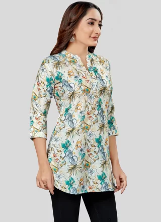 Off White Blended Cotton Print Work Casual Kurti