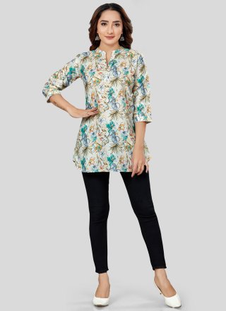 Off White Blended Cotton Print Work Casual Kurti