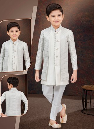 Off White Buttons, Machine Embroidery and Thread Work Banarasi Silk Sherwani Kids Wear