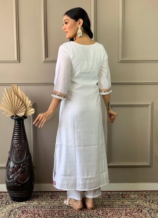Off White Chanderi Pant Style Suit with Embroidered and Print Work