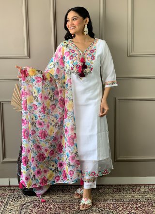 Off White Chanderi Pant Style Suit with Embroidered and Print Work