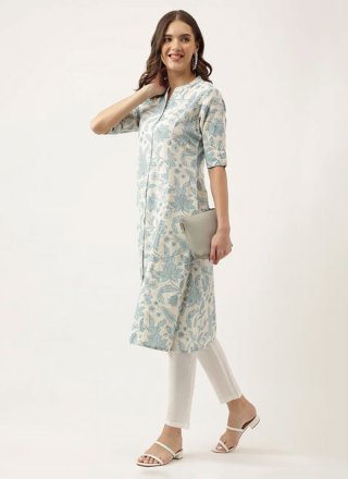 Off White Cotton Casual Kurti with Floral Patch Work
