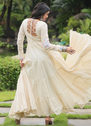 Off White Cotton Fancy, Lace and Mirror Work Gown for Women