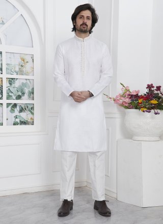 Off White Cotton Kurta Pyjama with Fancy and Plain Work for Men