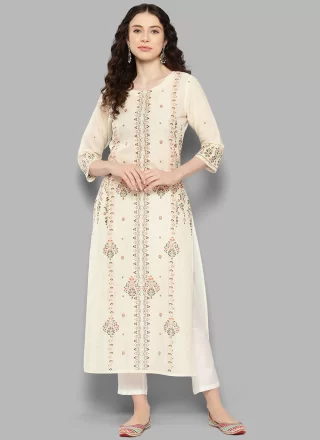 Off White Cotton Party Wear Kurti with Floral Patch Work for Women