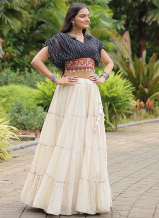 Off White Cotton Plain Work Readymade Lehenga Choli for Ceremonial