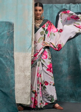 Off White Crepe Silk Print Work Designer Saree for Women