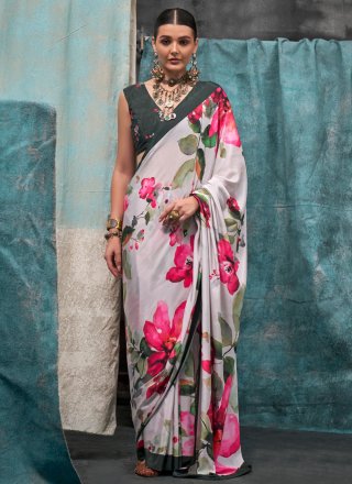 Off White Crepe Silk Print Work Designer Saree for Women