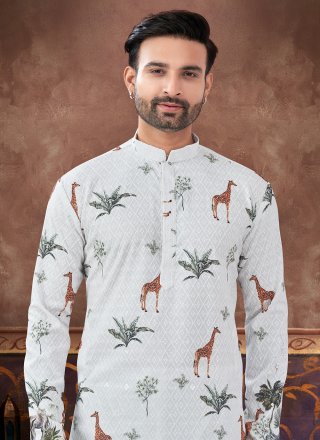Off White Digital Print Work Rayon Kurta Pyjama