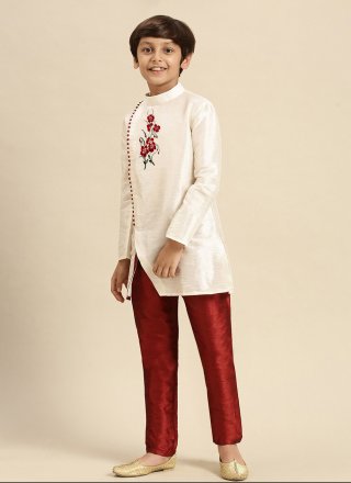 Off White Dupion Silk Embroidered Work Angrakha Kids Wear