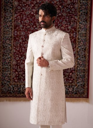 Off White Embroidered Work Silk Sherwani Mens Wear