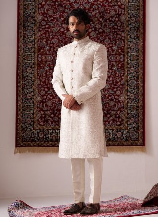Off White Embroidered Work Silk Sherwani Mens Wear