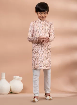 Off White Fancy Fabric Kurta Pyjama with Digital Print Work for Kid