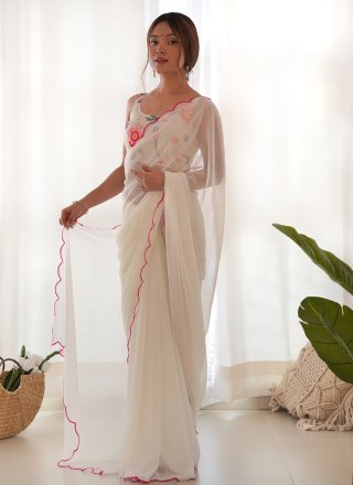 Off White Georgette Embroidered Work Trendy Saree for Casual