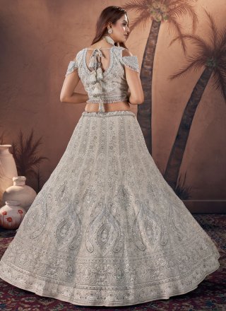 Off White Georgette Lehenga Choli with Embroidered, Hand, Sequins and Thread Work for Women