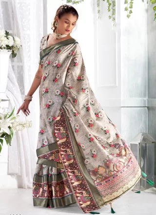 Off White Giccha Silk Designer Sari