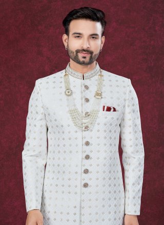 Off White Imported Buttons and Hand Work Sherwani Mens Wear for Ceremonial