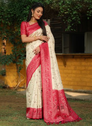 Off White Kanjivaram Silk Contemporary Sari with Weaving Work for Ceremonial