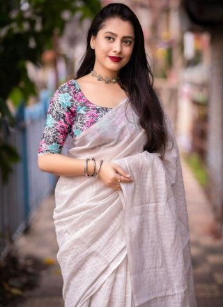 Off White Linen Print and Sequins Work Contemporary Saree for Engagement