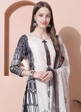 Off White Muslin Embroidered Work Salwar Suit for Women
