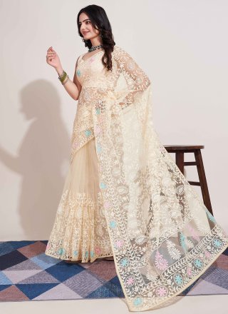 Off White Net Designer Sari with Embroidered Work